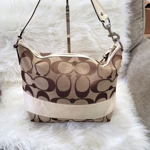COACH Signature Print Shoulder Purse in Tan with White Leather Trim